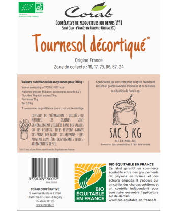 Corab Coopérative -- Tournesol décortiqués bio Vrac (origine France) - 5 kg en stock